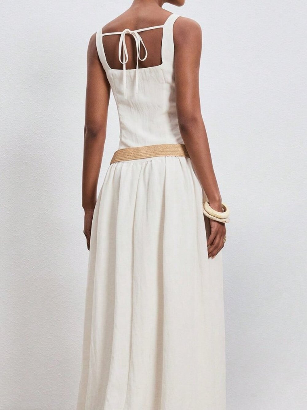 Beige Elegant Women's Square Neck Sleeveless Maxi Dress - Picture 6 of 6